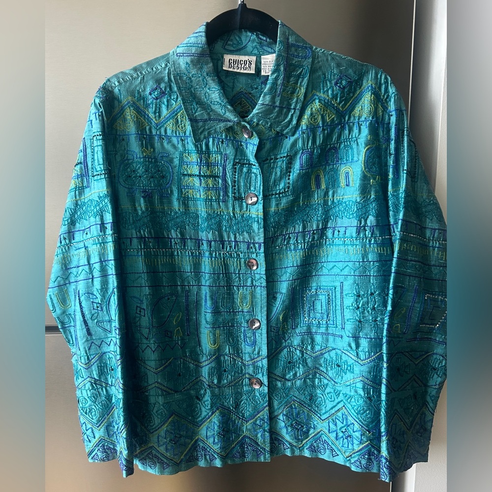 Chico’s Design 100% Silk Embroidered Teal Jacket Boho Art Jacket Size M